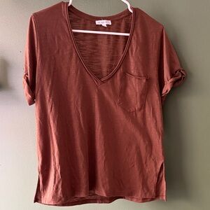 AEMI & CO Women's Brown V-Neck Pocket Tee with Roll-Tab Sleeves